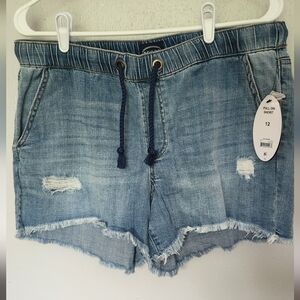Denim distressed shorts. Size 12 pull on with ties.